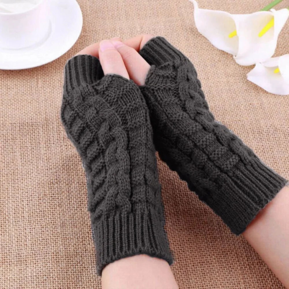 Fingerless Braided Knitted Gloves In Dark Gray - Picture 1 of 8